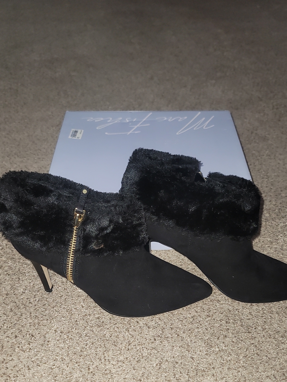 Marc Fisher Black Faux-Fur Zip Ankle Booties